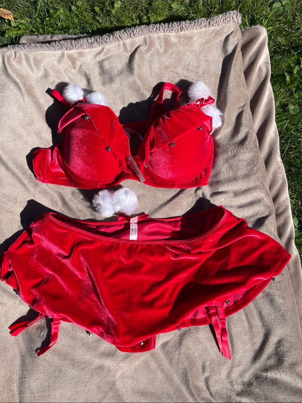 La Vie En Rose Red Velvet Bra & Skirt Lingerie Set with White Pom-Poms